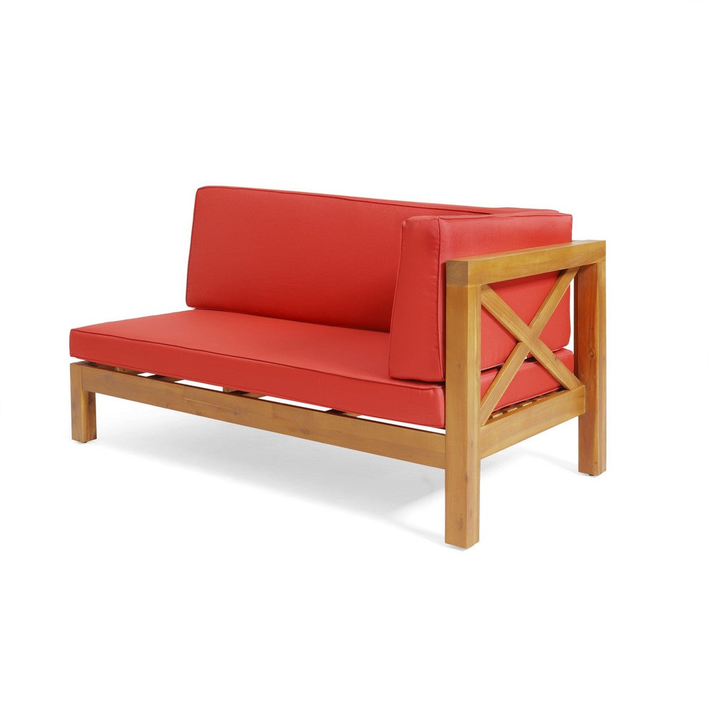 Benjara Juna Outdoor Right Arm Bench, Cross-Back Open Slat Red, Acacia Wood