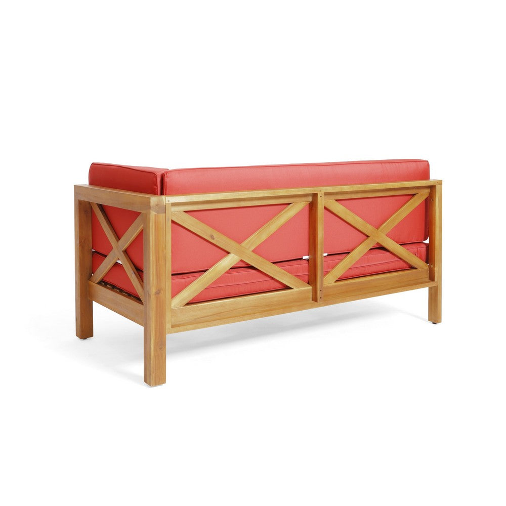 Benjara Juna Outdoor Right Arm Bench, Cross-Back Open Slat Red, Acacia Wood