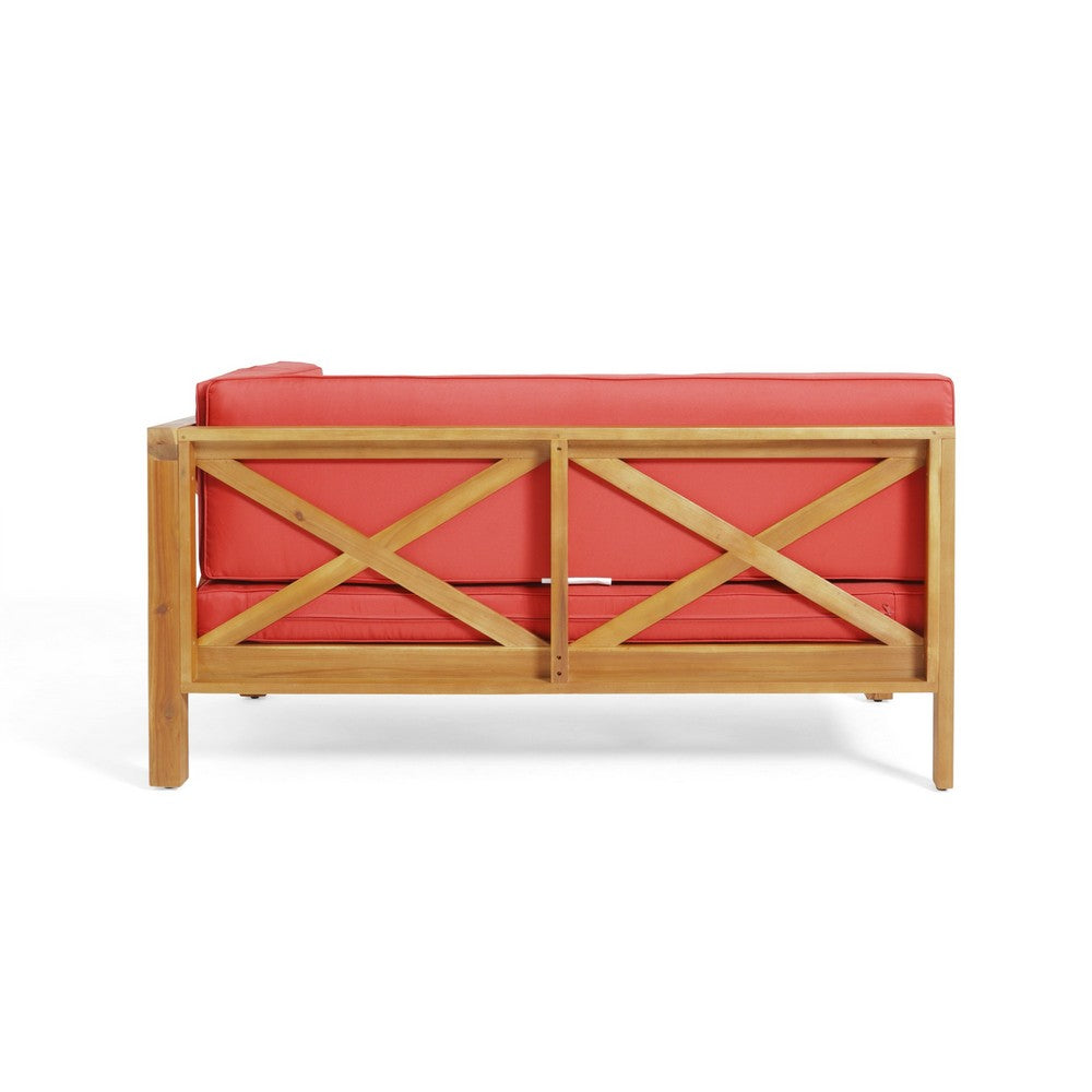 Benjara Juna Outdoor Right Arm Bench, Cross-Back Open Slat Red, Acacia Wood