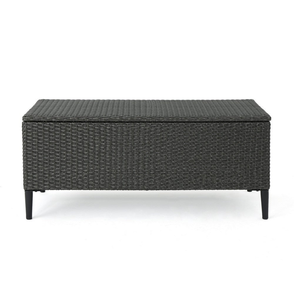 Benjara Gert Outdoor Wicker Bench with Storage, 42 Inch Iron, Gray Rattan