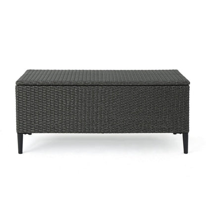 Benjara Gert Outdoor Wicker Bench with Storage, 42 Inch Iron, Gray Rattan