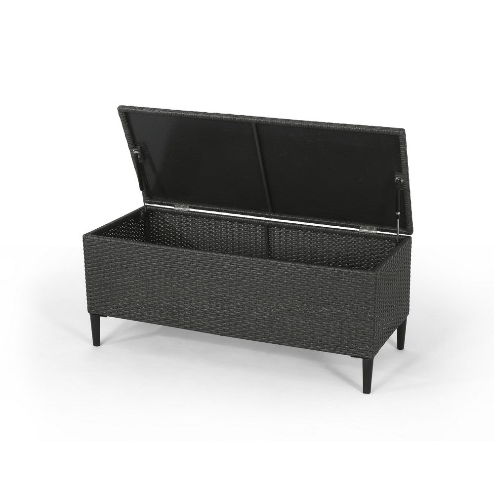 Benjara Gert Outdoor Wicker Bench with Storage, 42 Inch Iron, Gray Rattan