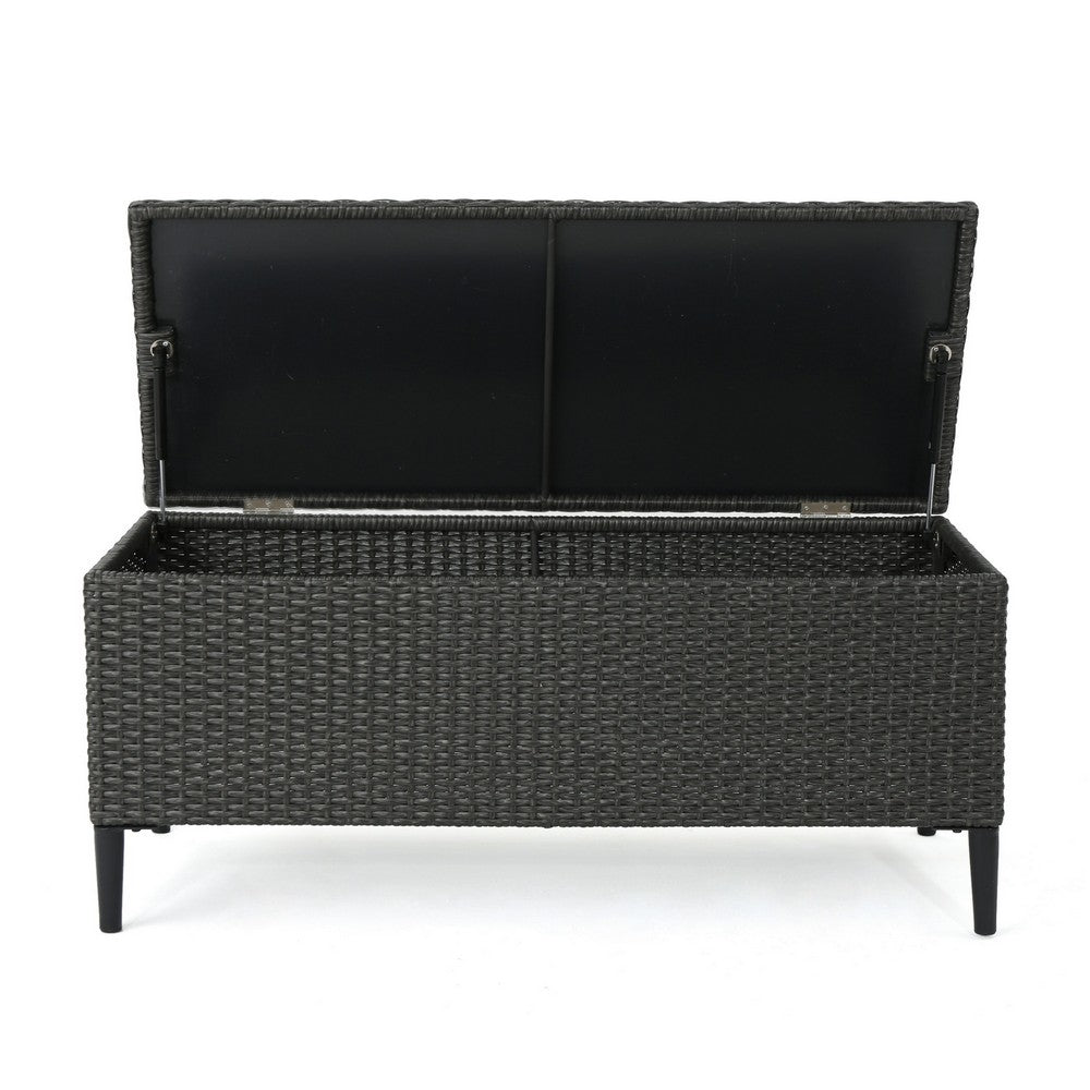 Benjara Gert Outdoor Wicker Bench with Storage, 42 Inch Iron, Gray Rattan