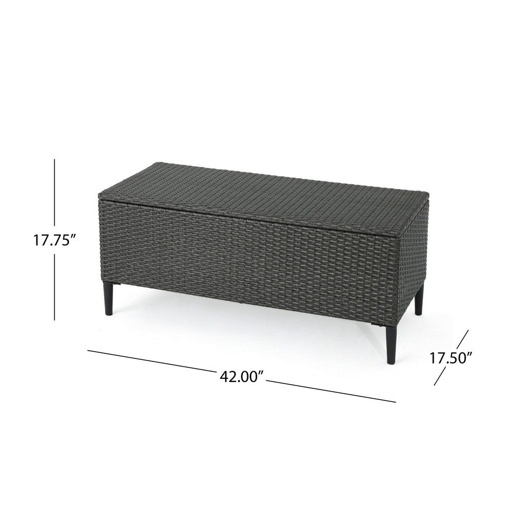 Benjara Gert Outdoor Wicker Bench with Storage, 42 Inch Iron, Gray Rattan