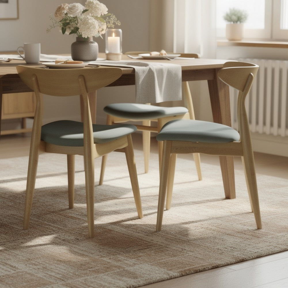 Benjara Hoso Dining Chair Set of 2, Curved, Light Gray Padded, Natural Brown