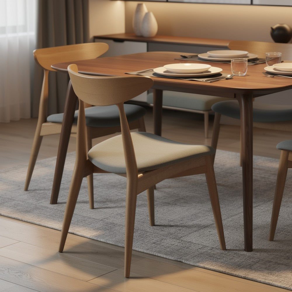 Benjara Hoso Dining Chair Set of 2, Curved, Light Gray Padded, Natural Brown