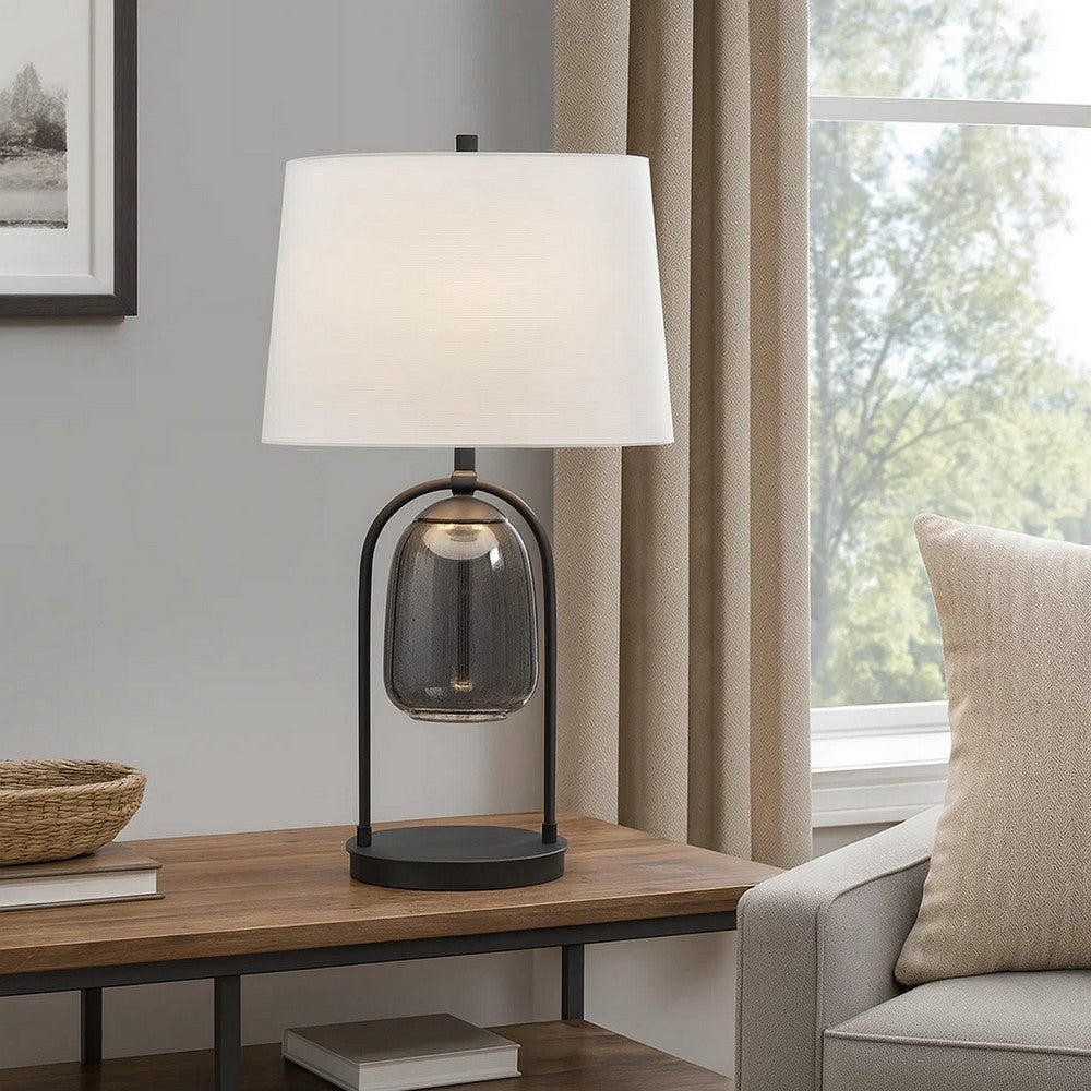 Benjara 31 Inch Table Lamp, Crackled Black Glass w Night Light, White Shade