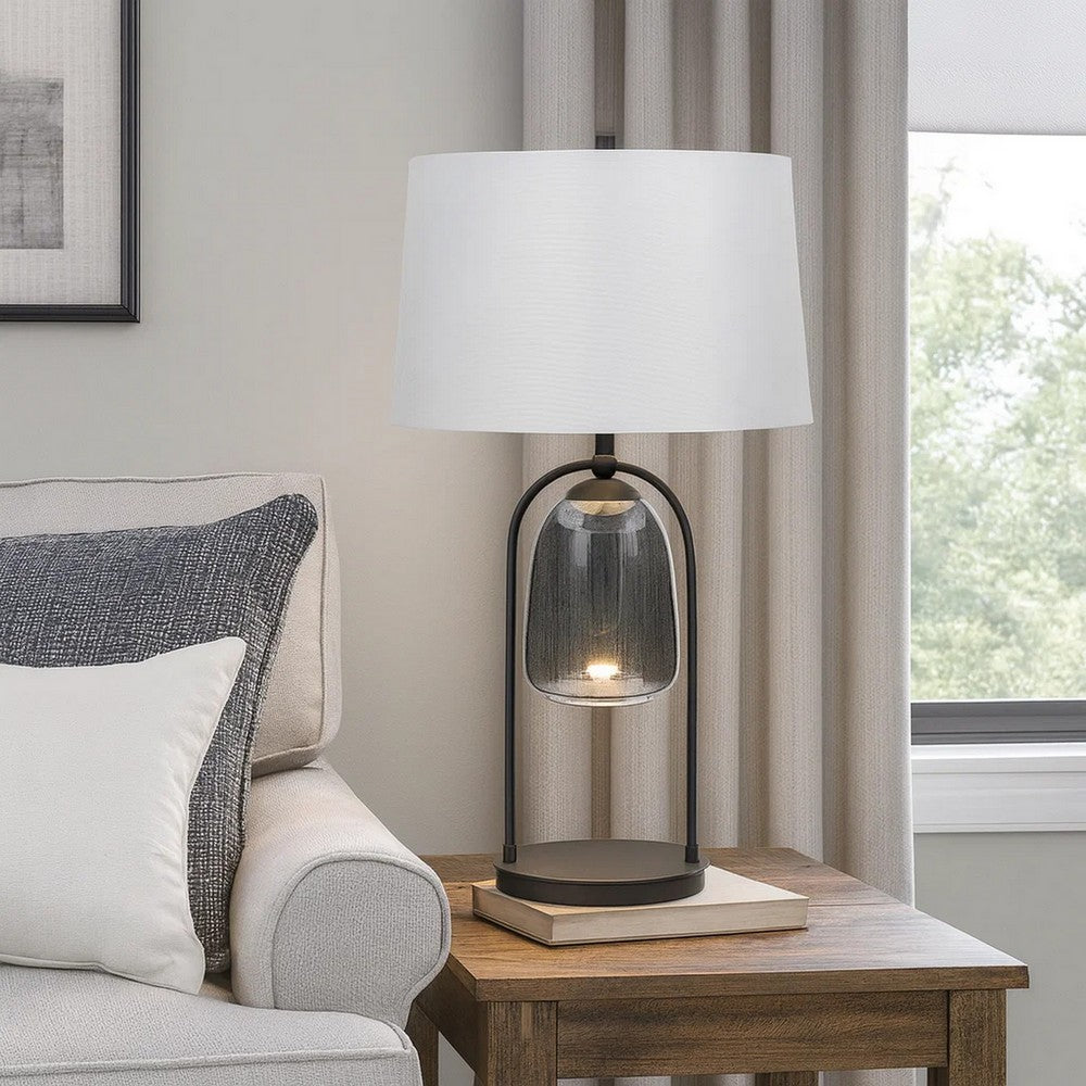 Benjara 31 Inch Table Lamp, Crackled Black Glass w Night Light, White Shade
