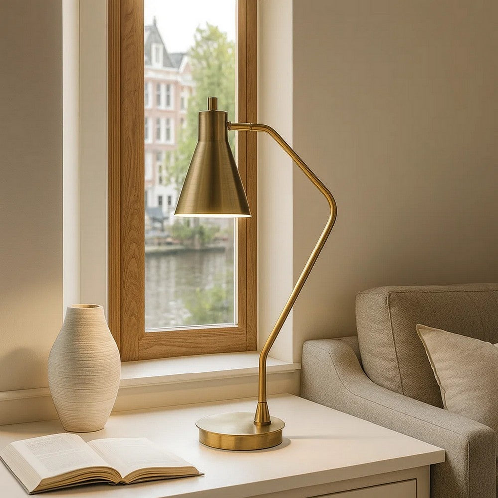 Benjara Sty 24 Inch Task Table Lamp, Swivel Brass Shade Angled Thin Metal Pole