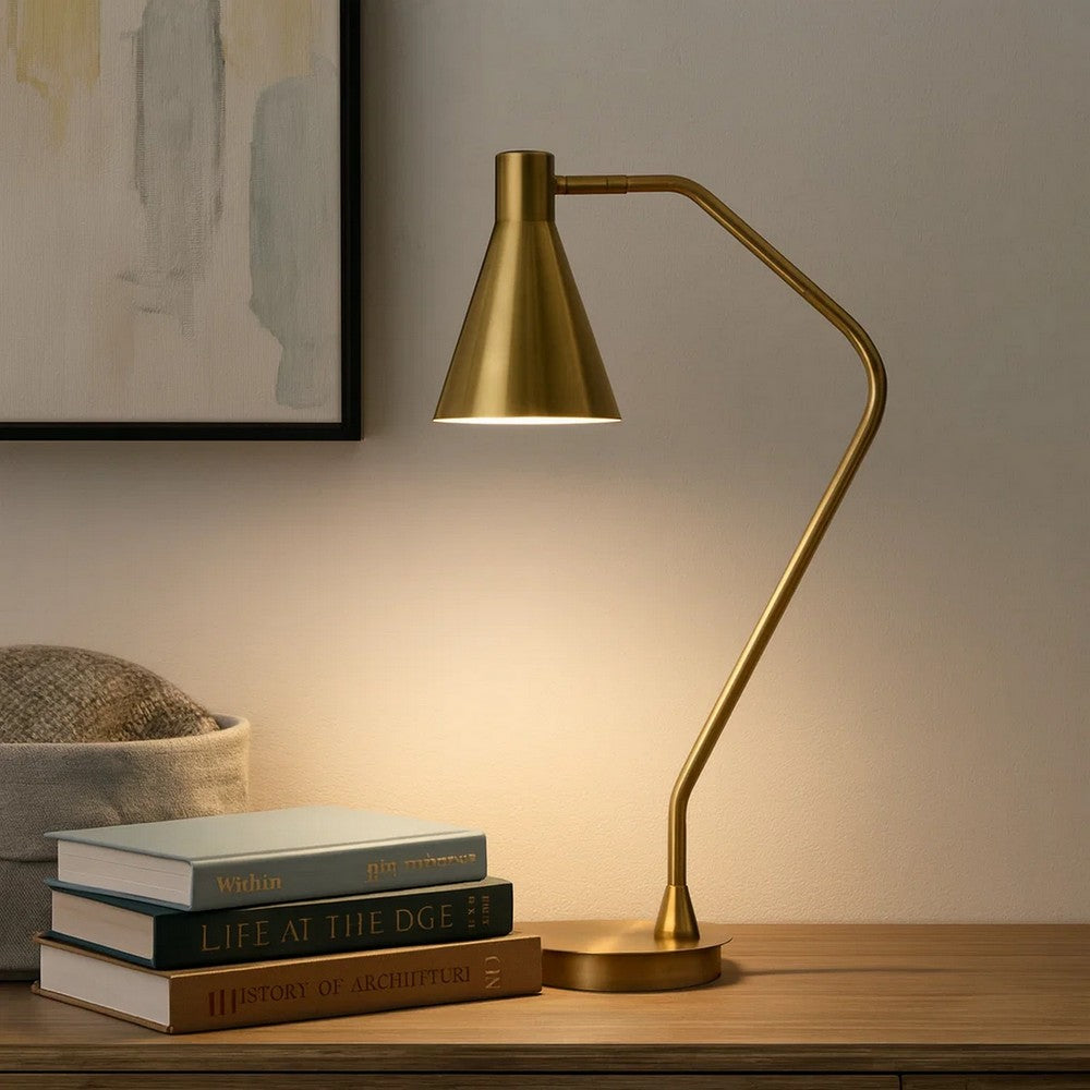 Benjara Sty 24 Inch Task Table Lamp, Swivel Brass Shade Angled Thin Metal Pole