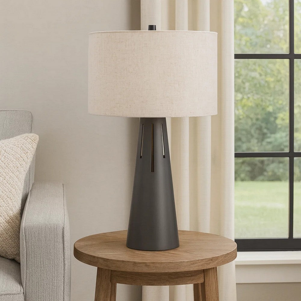 Benjara Tiy 30 Inch Table Lamp, White Hardback Drum Shade, Gray Iron Cone Base