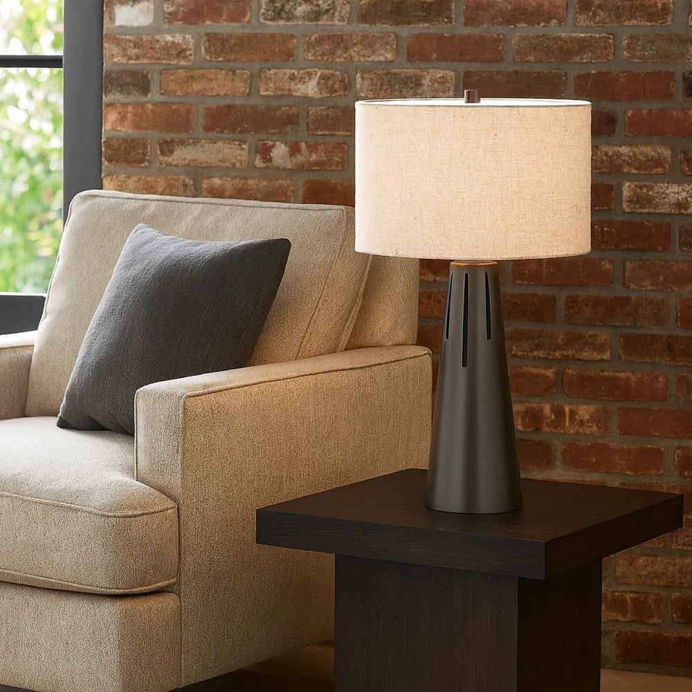 Benjara Tiy 30 Inch Table Lamp, White Hardback Drum Shade, Gray Iron Cone Base