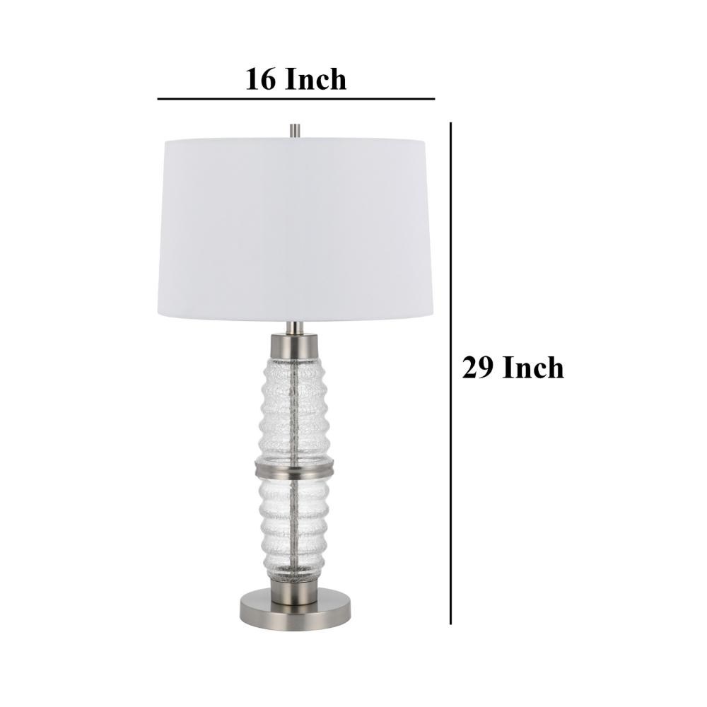 Benjara Maci 29 Inch Table Lamp, Accent Crackled Clear Glass, White Drum Shade