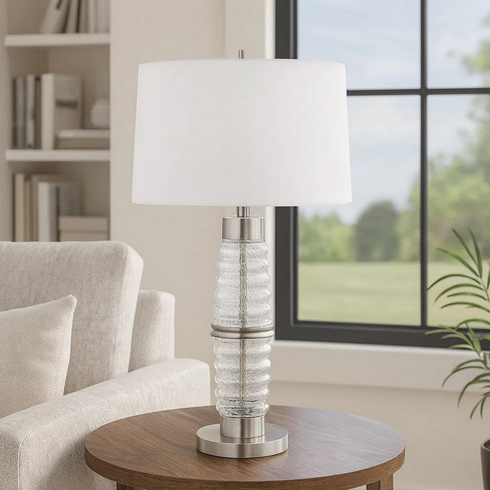 Benjara Maci 29 Inch Table Lamp, Accent Crackled Clear Glass, White Drum Shade