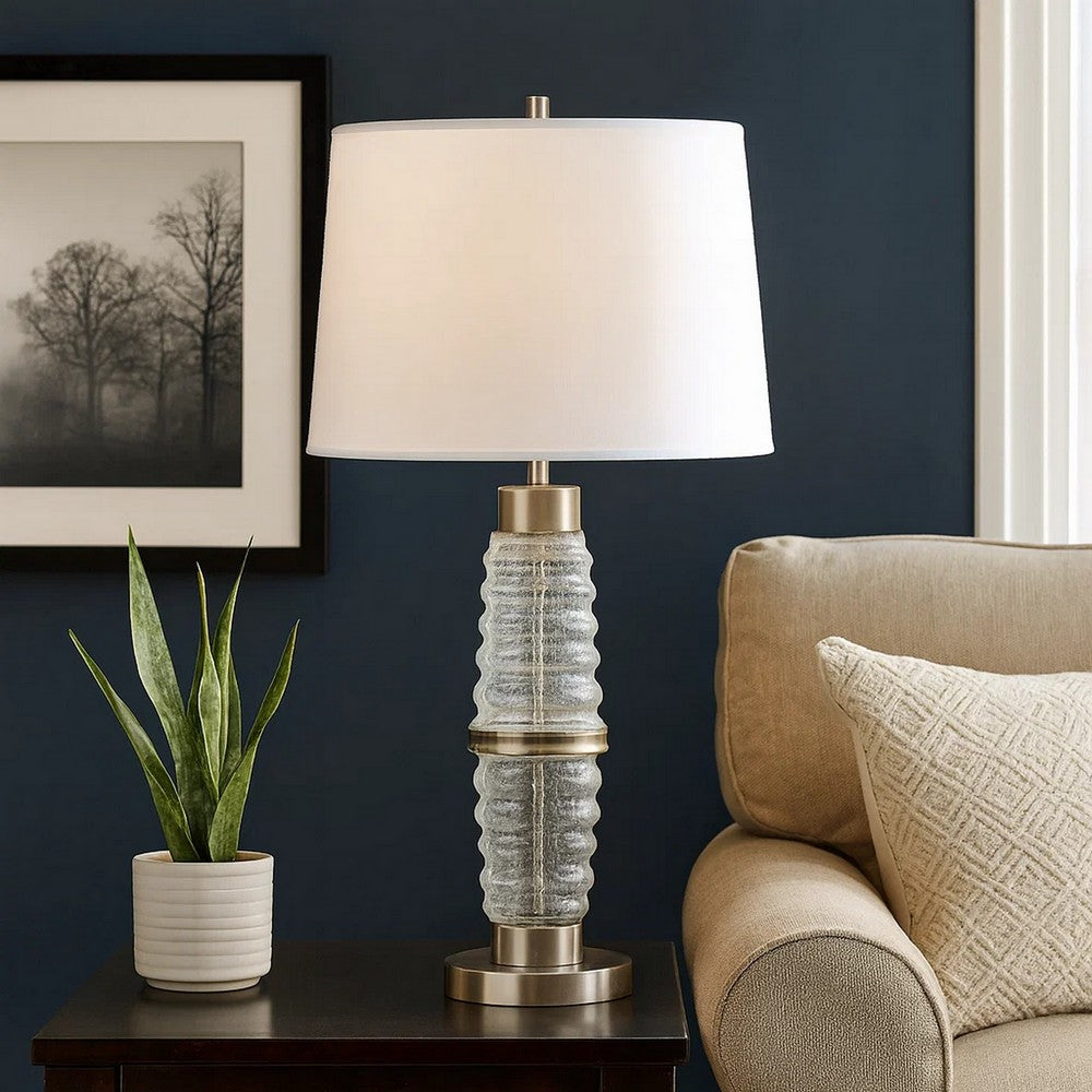 Benjara Maci 29 Inch Table Lamp, Accent Crackled Clear Glass, White Drum Shade