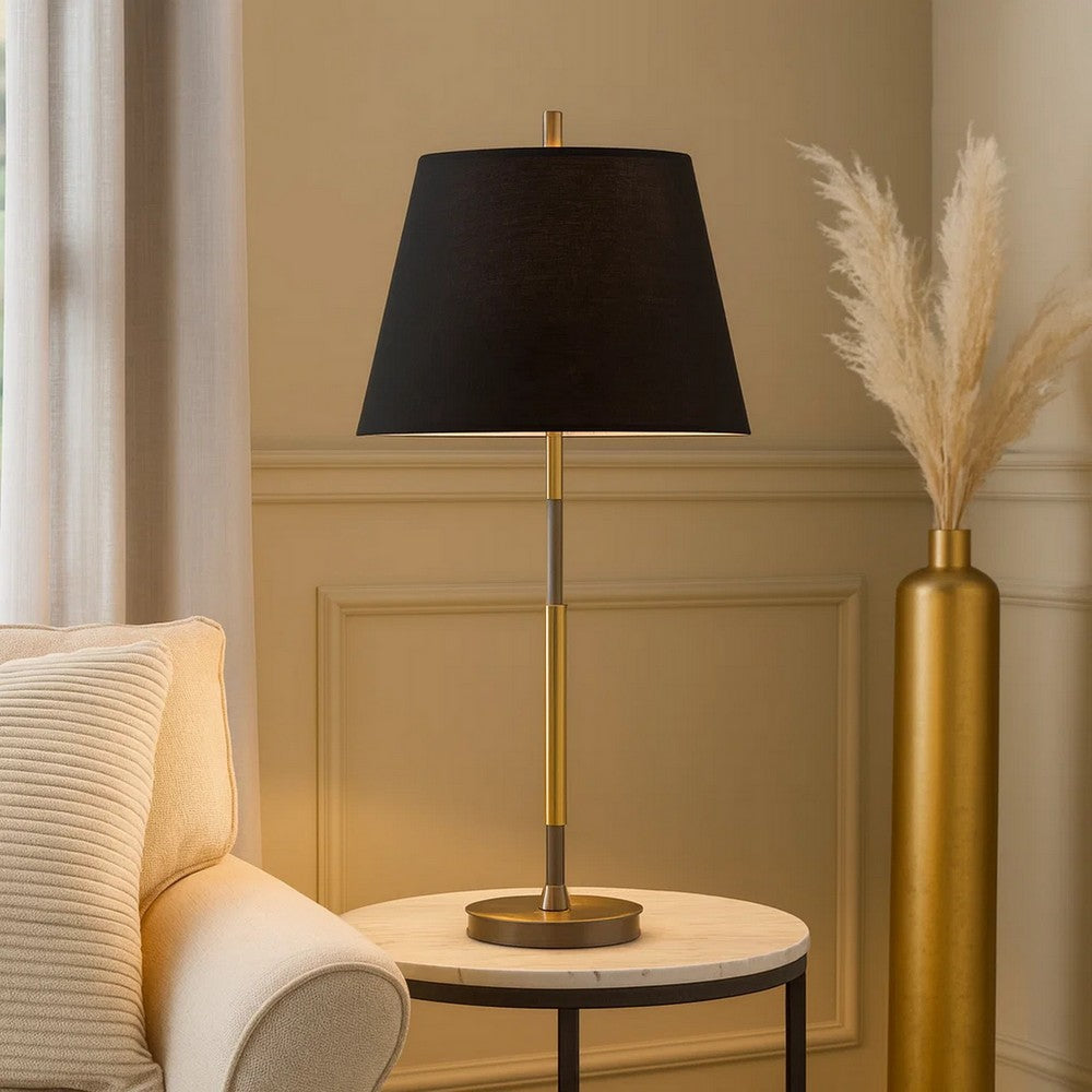 Benjara Siu 30 Inch Table Lamp, Gold Metal Thin Pole w Finial, Black Shade