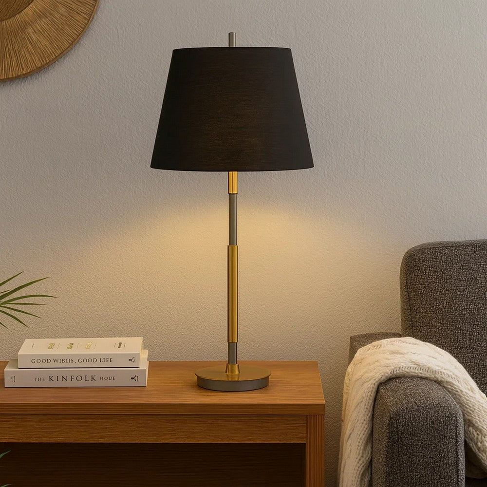 Benjara Siu 30 Inch Table Lamp, Gold Metal Thin Pole w Finial, Black Shade