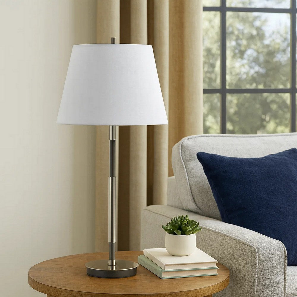 Benjara Siu 30 Inch Table Lamp, Chrome Metal Thin Pole w Finial, White Shade