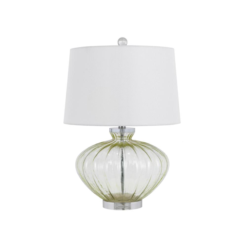 Benjara 23 Inch Table Lamp Set of 2, Round Crystal Base, White Fabric Shade