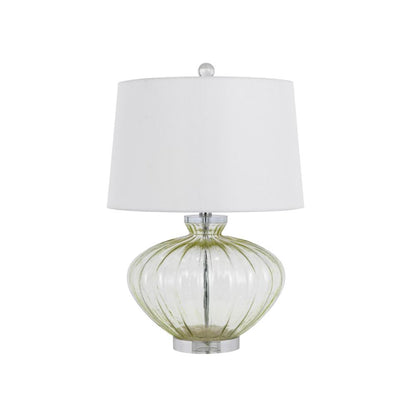 Benjara 23 Inch Table Lamp Set of 2, Round Crystal Base, White Fabric Shade