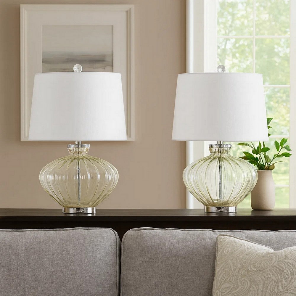 Benjara 23 Inch Table Lamp Set of 2, Round Crystal Base, White Fabric Shade