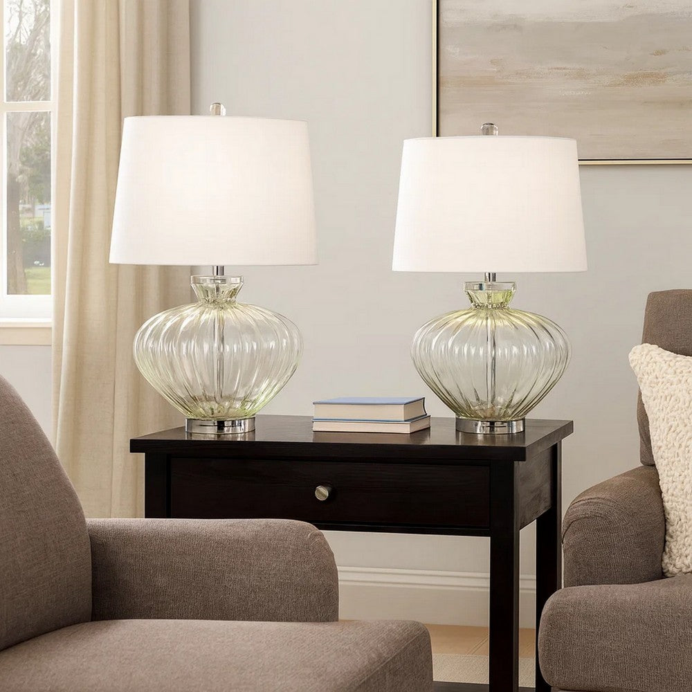 Benjara 23 Inch Table Lamp Set of 2, Round Crystal Base, White Fabric Shade