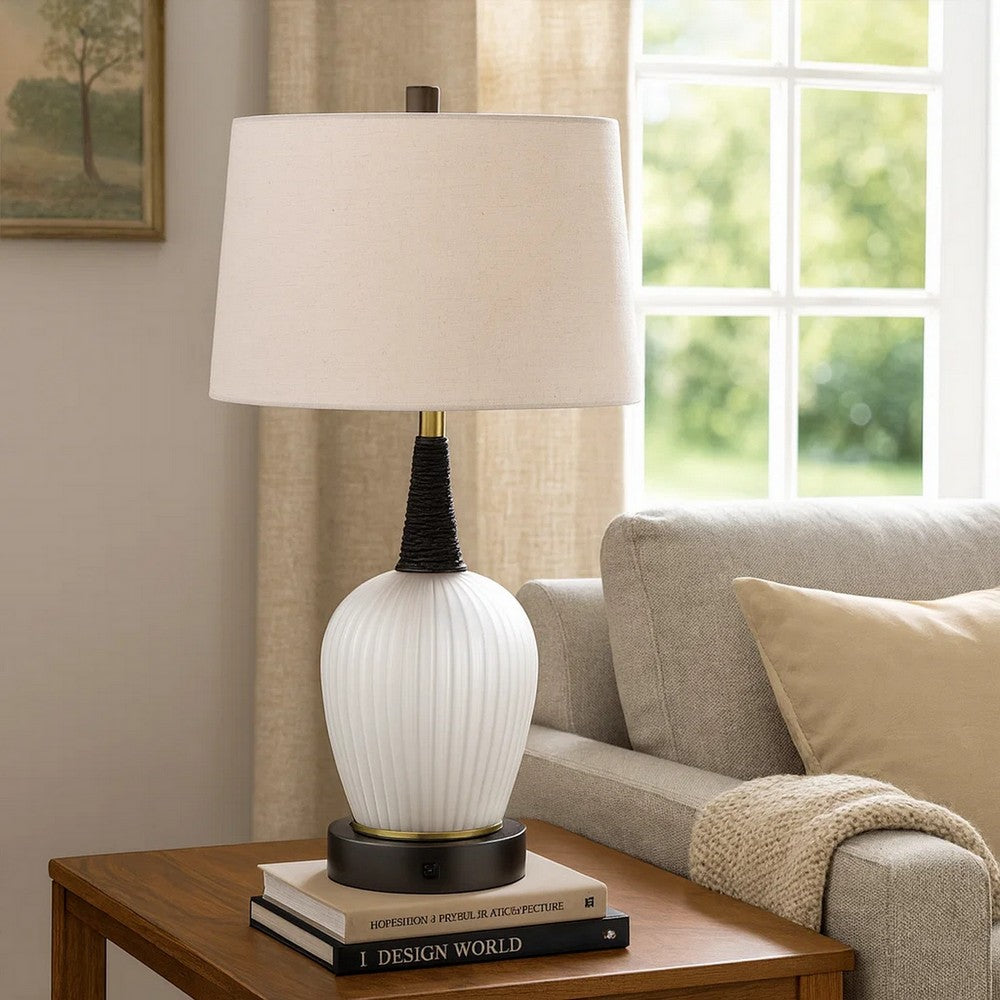 Benjara Wenu 29 Inch Table Lamp, Accent Frosted Glass Base, White Fabric Shade