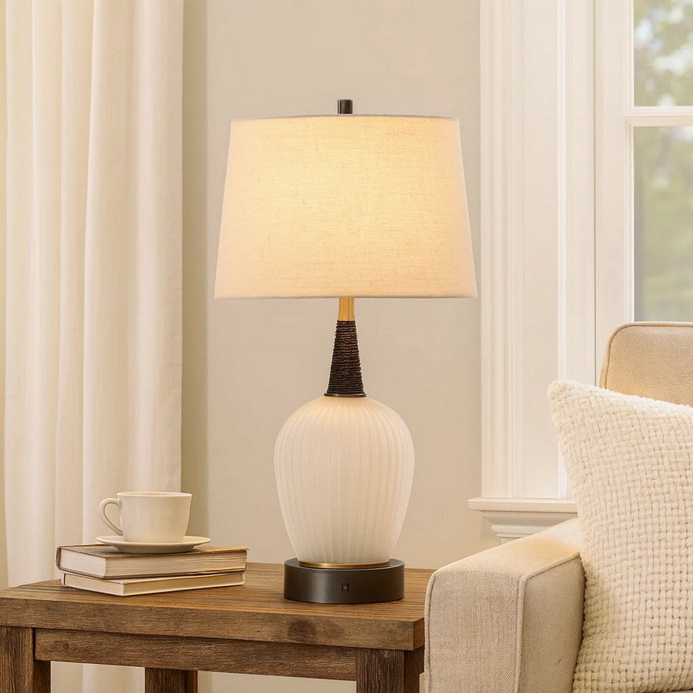 Benjara Wenu 29 Inch Table Lamp, Accent Frosted Glass Base, White Fabric Shade