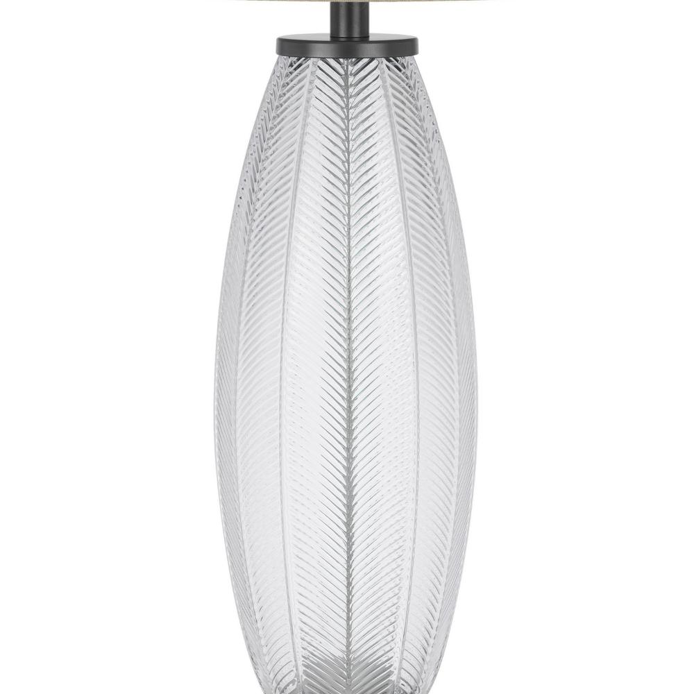Benjara Leno 32 Inch Table Lamp, Leaf Pattern Clear Glass Base, Beige Shade