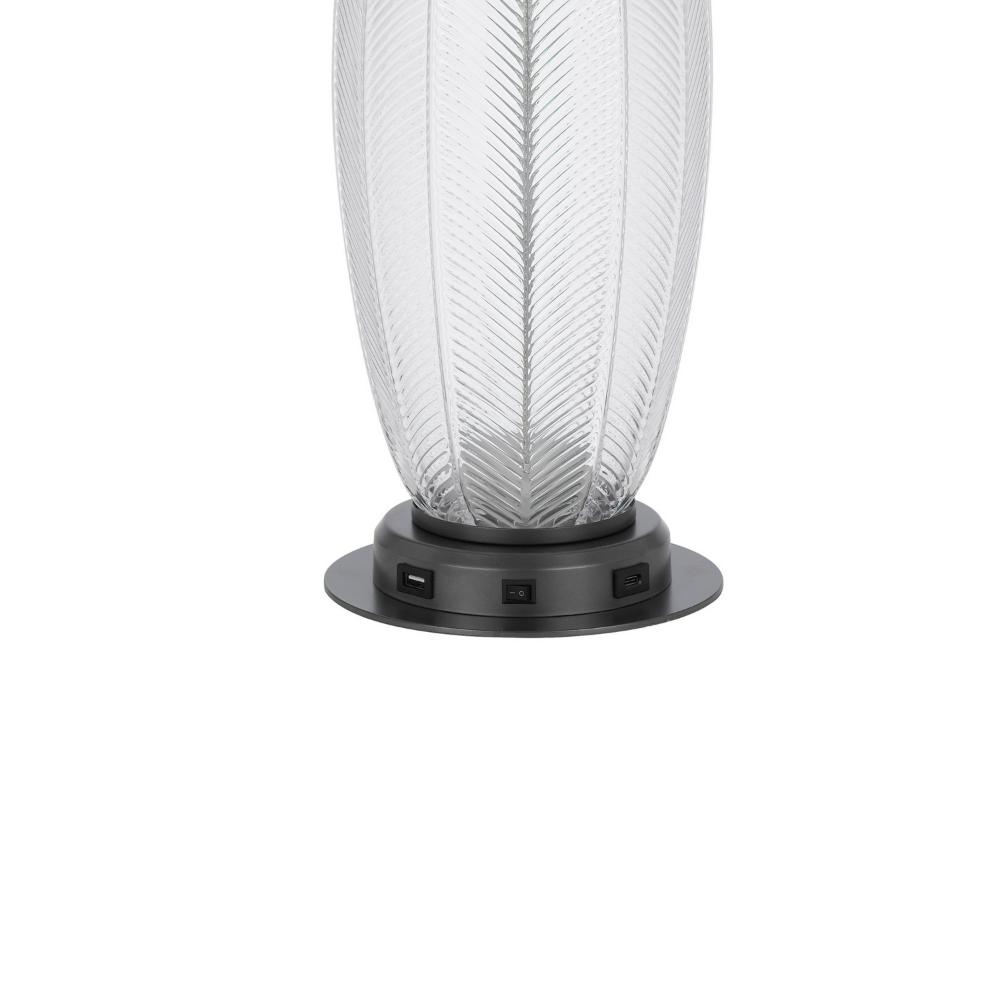 Benjara Leno 32 Inch Table Lamp, Leaf Pattern Clear Glass Base, Beige Shade