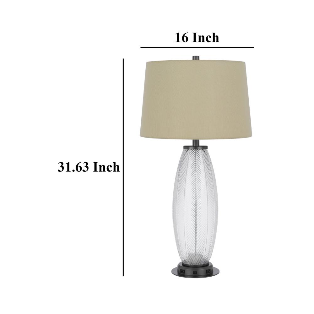 Benjara Leno 32 Inch Table Lamp, Leaf Pattern Clear Glass Base, Beige Shade
