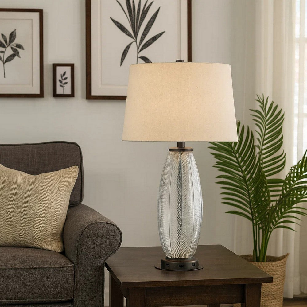 Benjara Leno 32 Inch Table Lamp, Leaf Pattern Clear Glass Base, Beige Shade