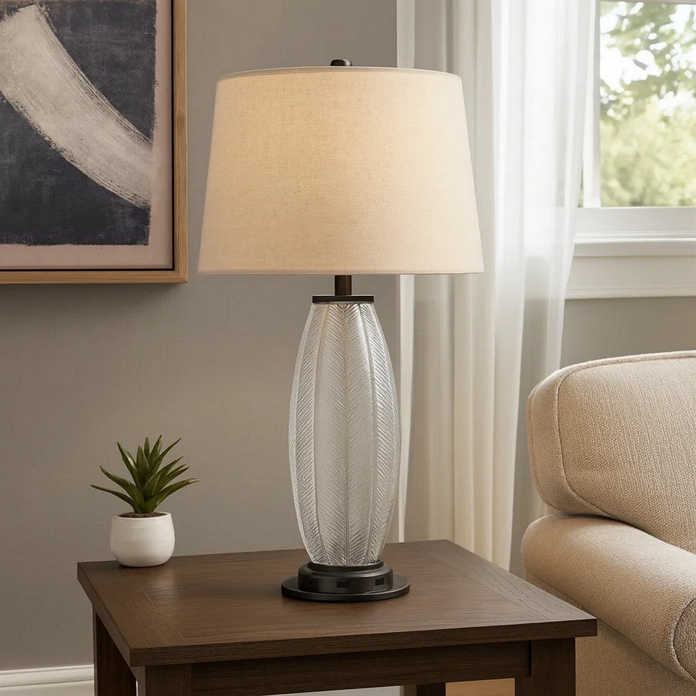 Benjara Leno 32 Inch Table Lamp, Leaf Pattern Clear Glass Base, Beige Shade
