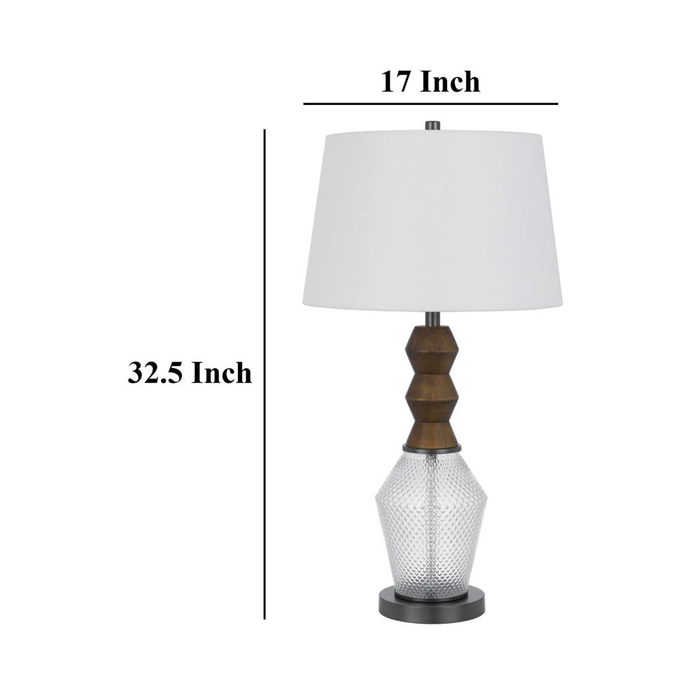 Benjara Hay 33 Inch Table Lamp, Diamond Pattern Glass Base, White Fabric Shade