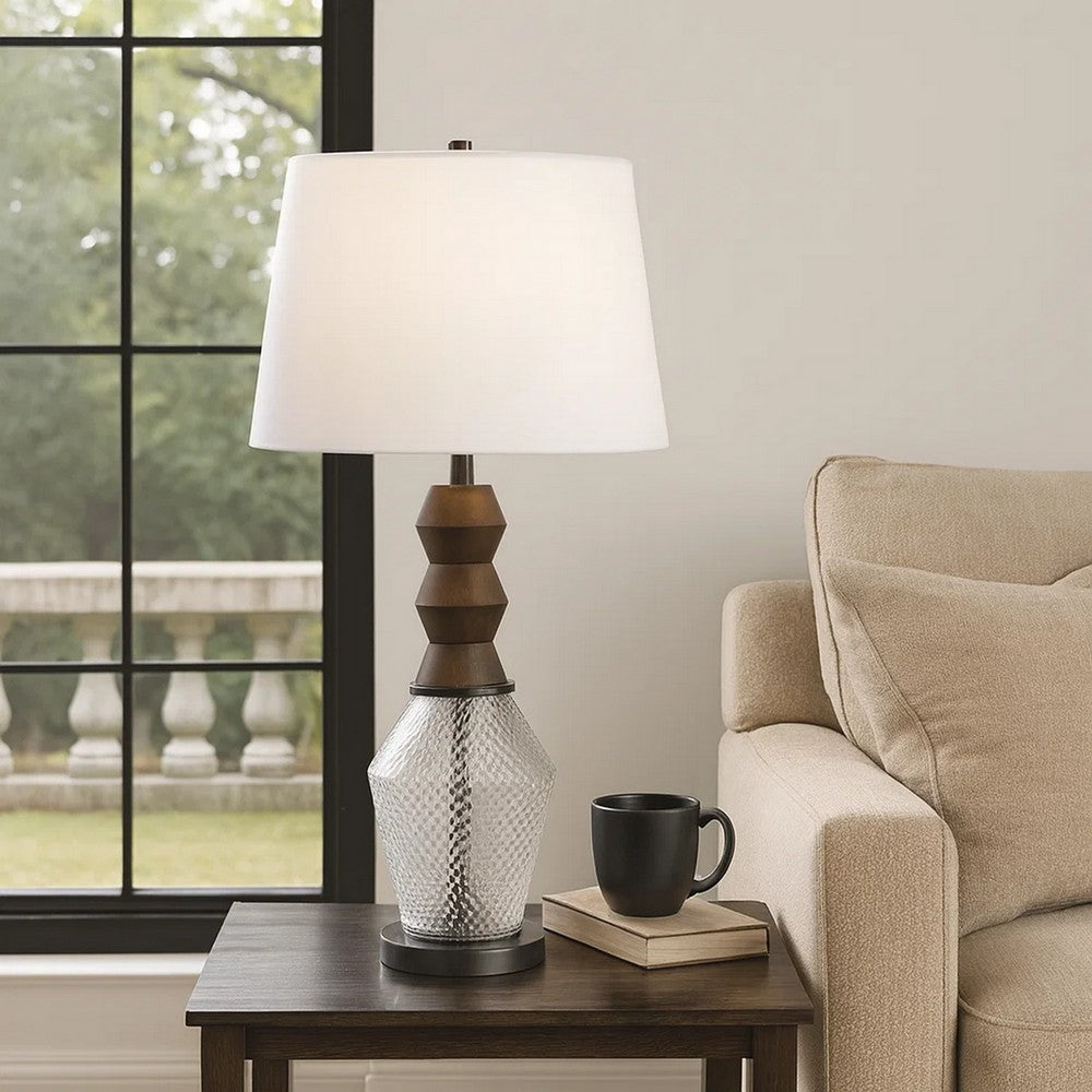 Benjara Hay 33 Inch Table Lamp, Diamond Pattern Glass Base, White Fabric Shade
