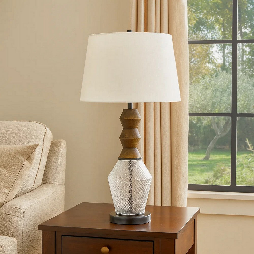 Benjara Hay 33 Inch Table Lamp, Diamond Pattern Glass Base, White Fabric Shade