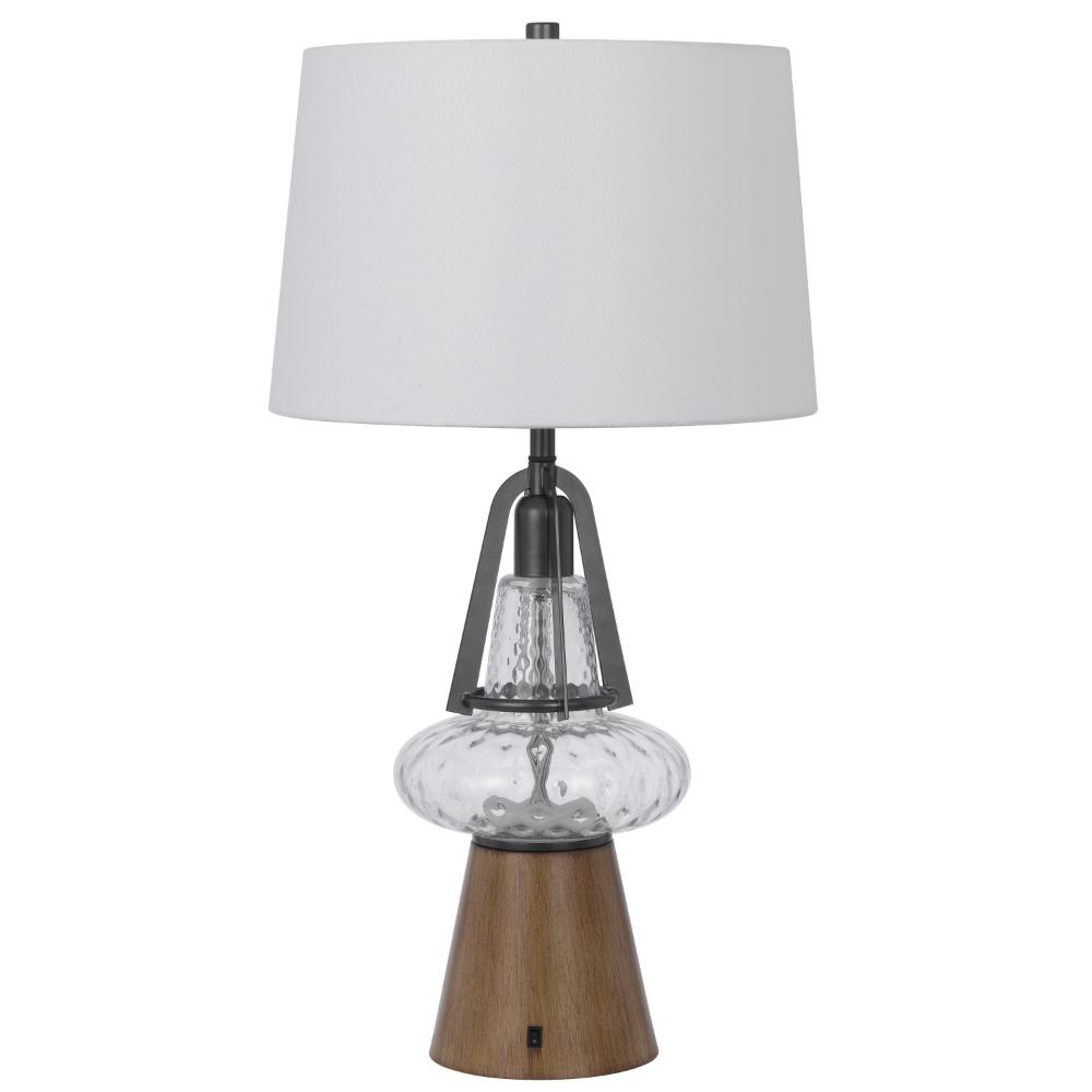 Benjara Leya 30 Inch Table Lamp, Lantern Style Glass Base, White Fabric Shade