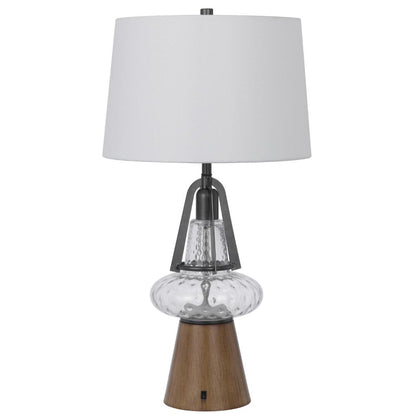 Benjara Leya 30 Inch Table Lamp, Lantern Style Glass Base, White Fabric Shade