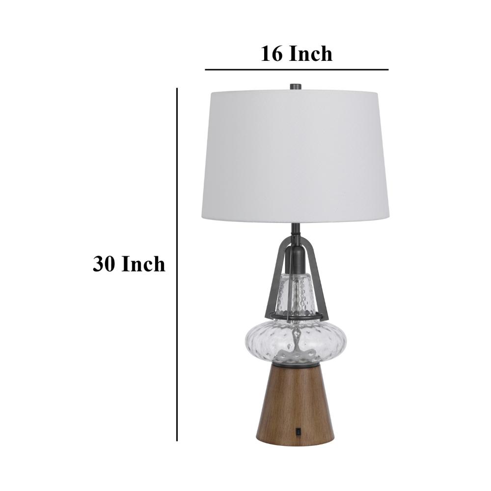Benjara Leya 30 Inch Table Lamp, Lantern Style Glass Base, White Fabric Shade