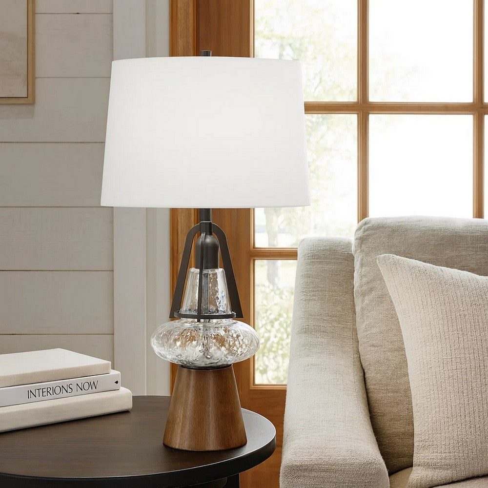 Benjara Leya 30 Inch Table Lamp, Lantern Style Glass Base, White Fabric Shade