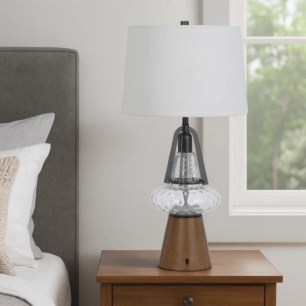 Benjara Leya 30 Inch Table Lamp, Lantern Style Glass Base, White Fabric Shade