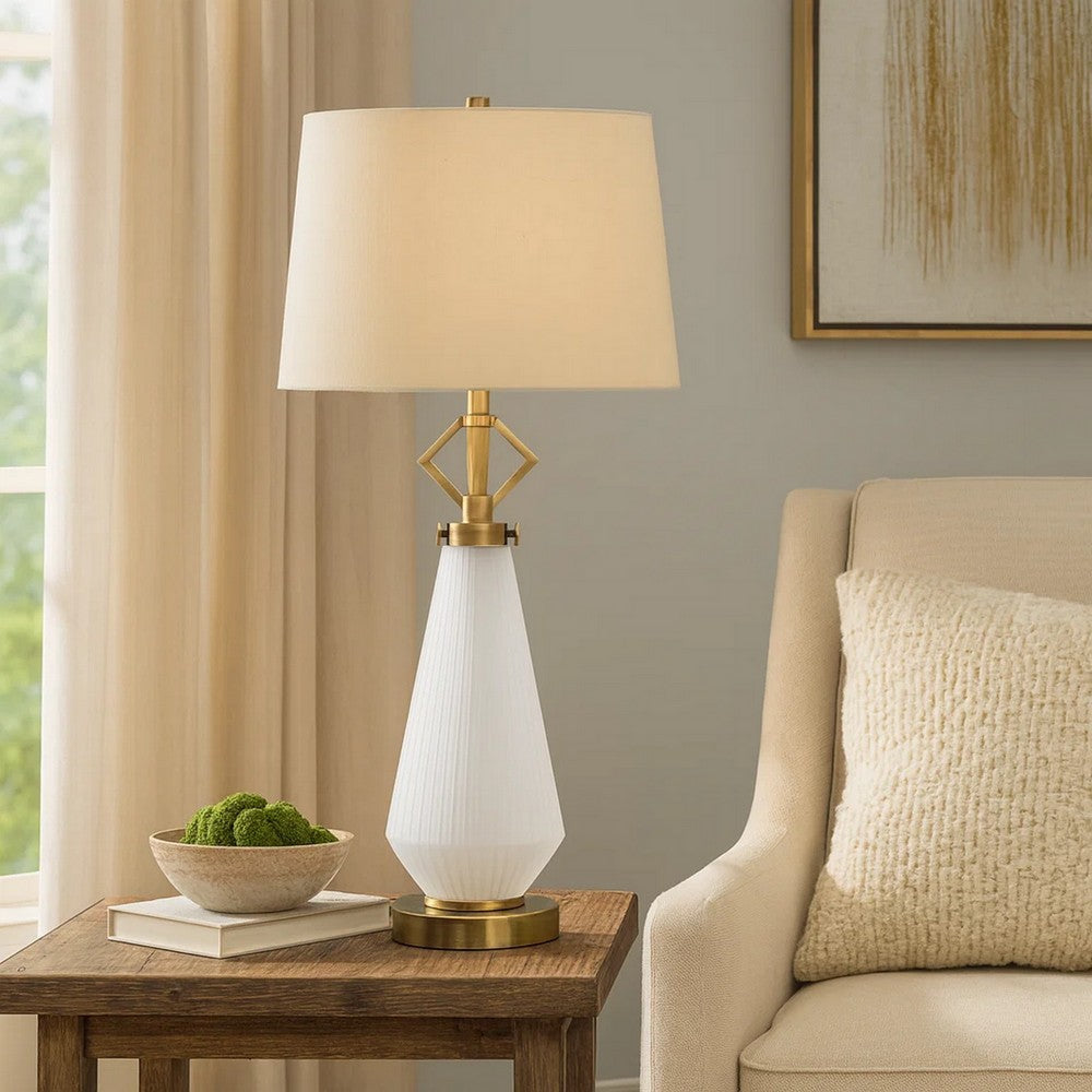 Benjara Rizo 32 Inch Table Lamp, Tapered Style Frosted Glass Base, Beige Shade