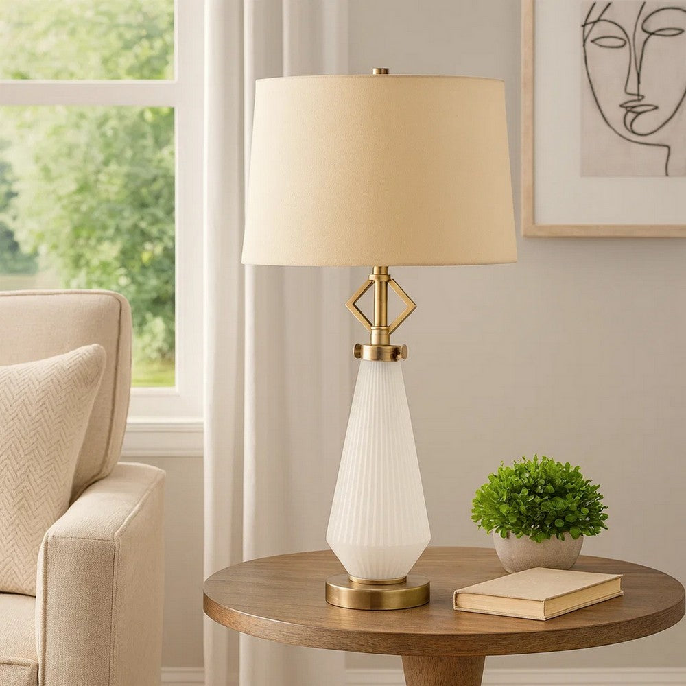 Benjara Rizo 32 Inch Table Lamp, Tapered Style Frosted Glass Base, Beige Shade
