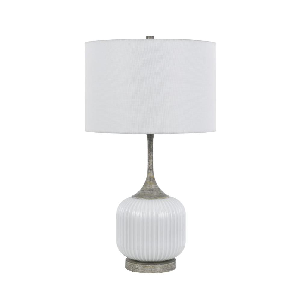 Benjara Myra Table Lamp Set of 2, Fluted Accent Glass Base, White Fabric Shade
