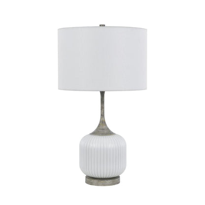 Benjara Myra Table Lamp Set of 2, Fluted Accent Glass Base, White Fabric Shade