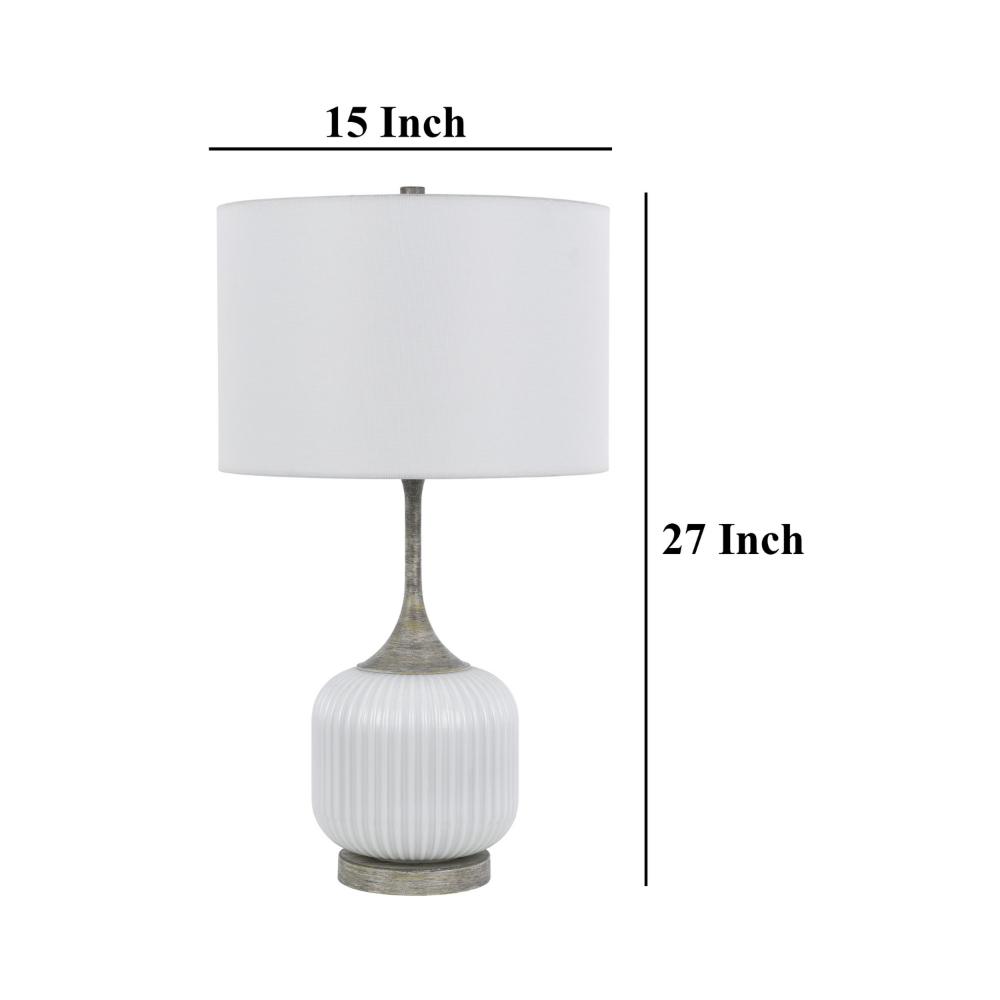 Benjara Myra Table Lamp Set of 2, Fluted Accent Glass Base, White Fabric Shade