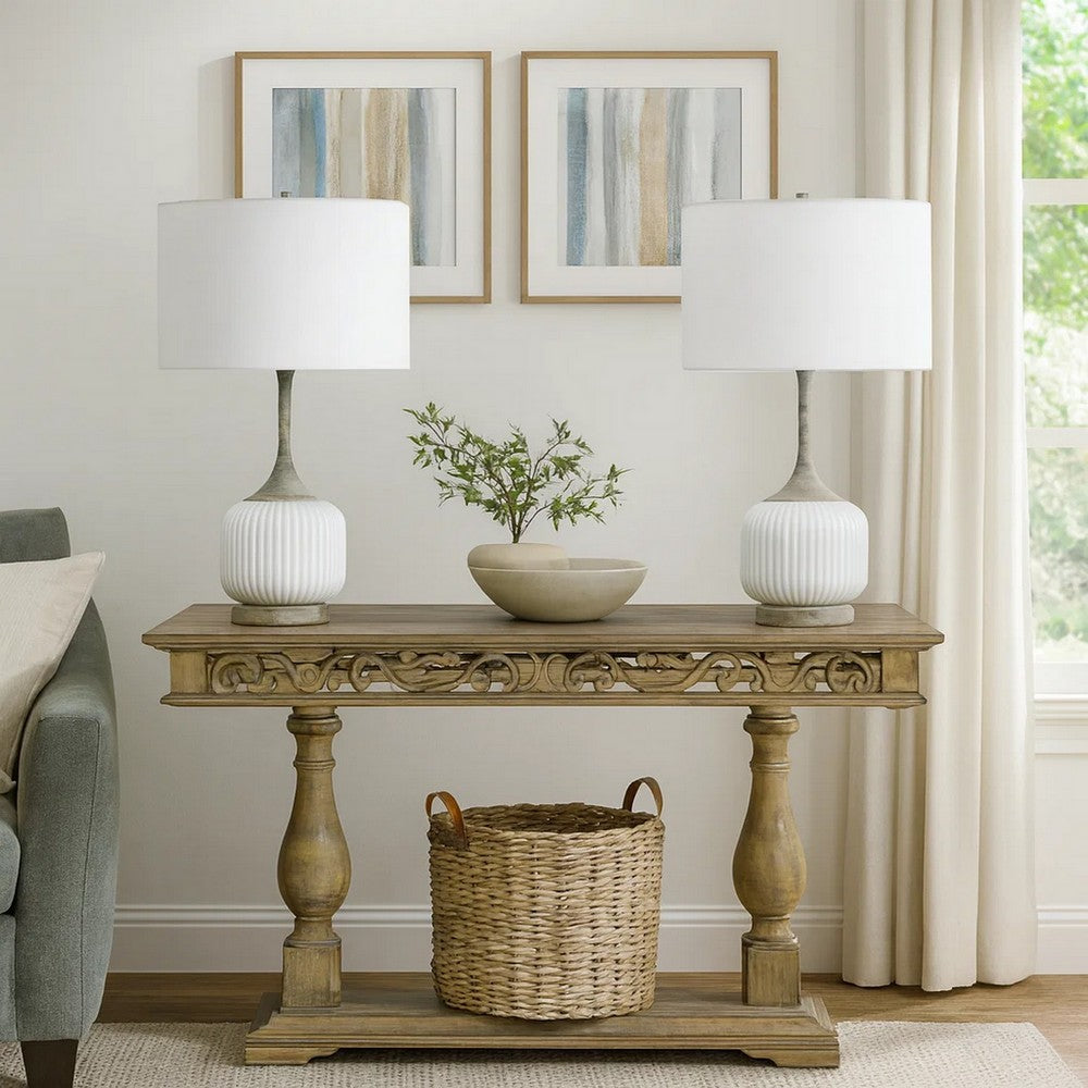 Benjara Myra Table Lamp Set of 2, Fluted Accent Glass Base, White Fabric Shade