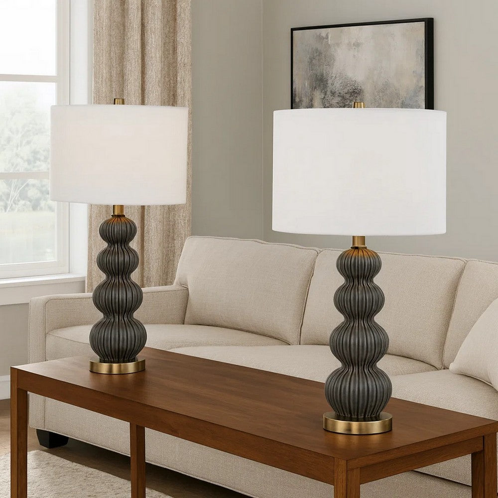 Benjara Lomy 26 Inch Table Lamp Set of 2, Stacked Ball Gray Black, White Shade
