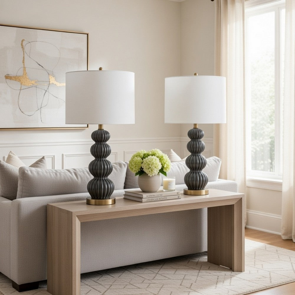 Benjara Lomy 26 Inch Table Lamp Set of 2, Stacked Ball Gray Black, White Shade