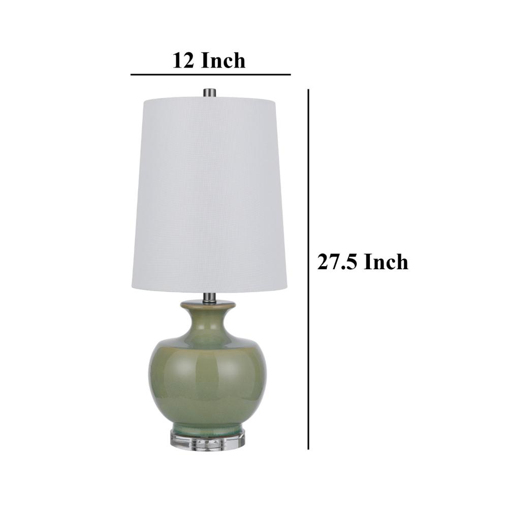 Benjara Kela 28 Inch Table Lamp Set of 2, Green Ceramic Pot Base, White Shade